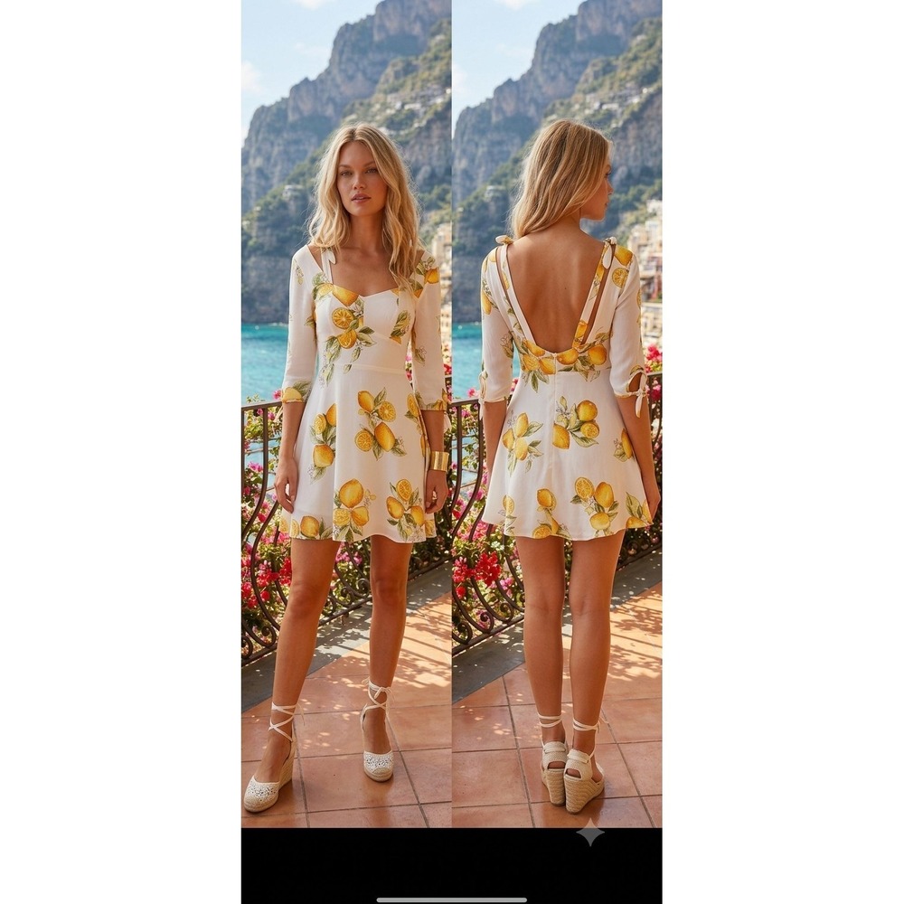 NWT For Love & Lemons Limonada Mini Dress XS Lemon Print Italian Summer Coastal